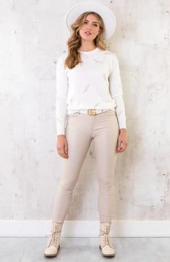 Biker Buckle Zip Boots Beige -Kleding Promotie Winkel Metallic Feather Trui Wit 1 586x900 1