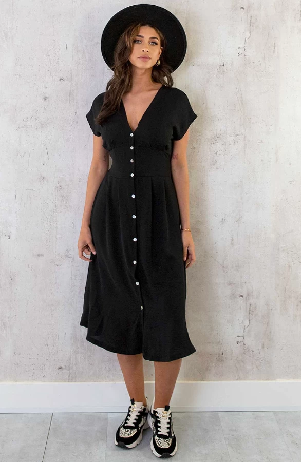 Midi Knopen Jurk Sevilla Zwart 5 Midi Knopen Jurk Sevilla Zwart - Afbeelding 3