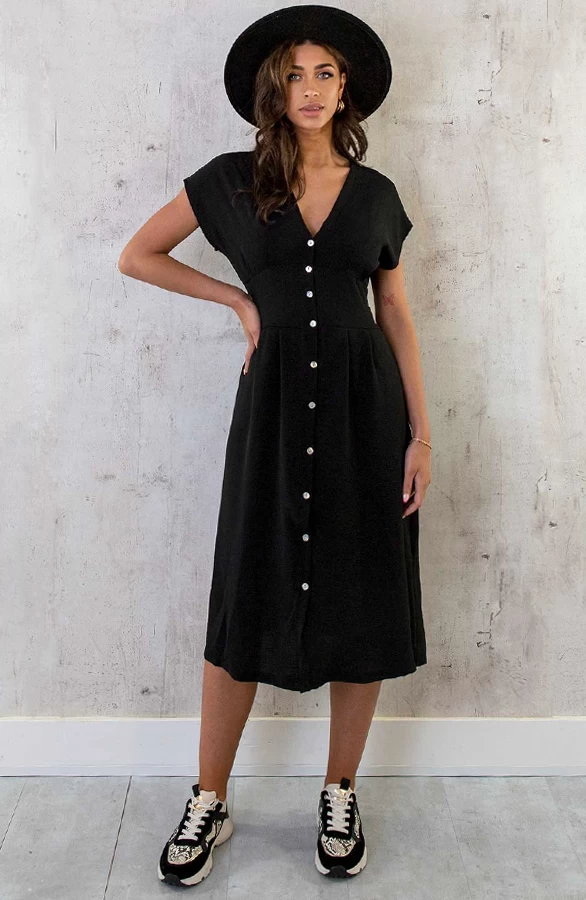 Midi Knopen Jurk Sevilla Zwart 3 Midi Knopen Jurk Sevilla Zwart