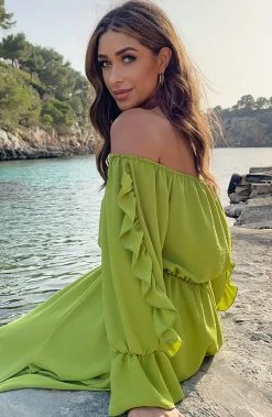 Maxi Off Shoulder Ruffle Jurk Olive