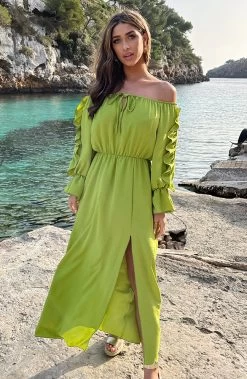 Maxi Off Shoulder Ruffle Jurk Olive 12 Maxi Off Shoulder Ruffle Jurk Olive -Kleding Promotie Winkel Midi Off Shoulder Ruffle Jurk Olive 2 586x900 1