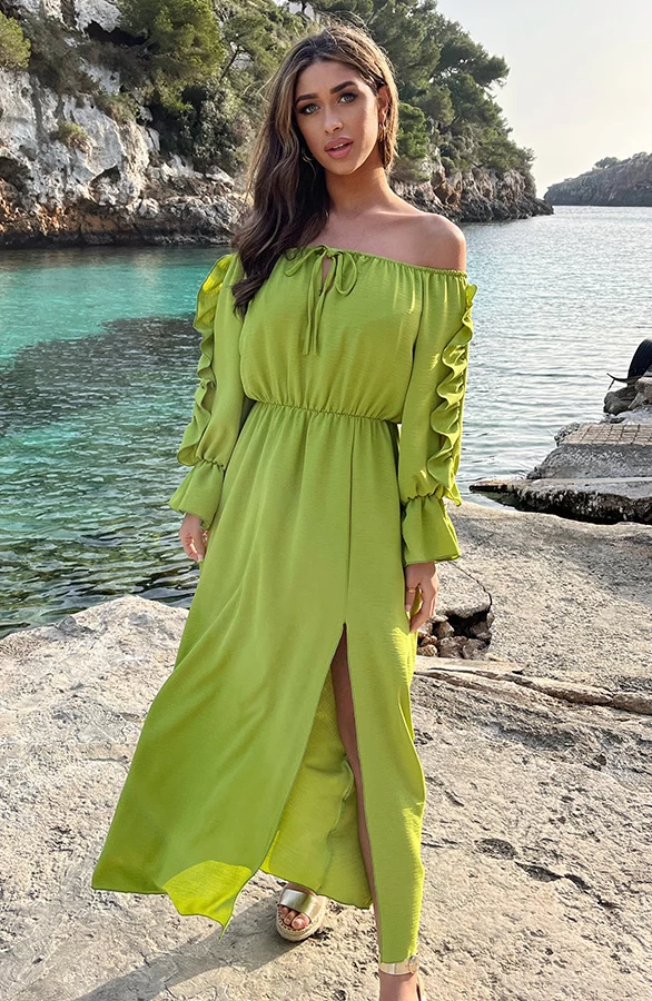 Maxi Off Shoulder Ruffle Jurk Olive 5 Maxi Off Shoulder Ruffle Jurk Olive - Afbeelding 4