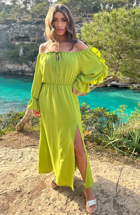 Maxi Off Shoulder Ruffle Jurk Olive 6 Maxi Off Shoulder Ruffle Jurk Olive - Afbeelding 5