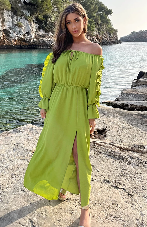 Maxi Off Shoulder Ruffle Jurk Olive 3 Maxi Off Shoulder Ruffle Jurk Olive - Afbeelding 2