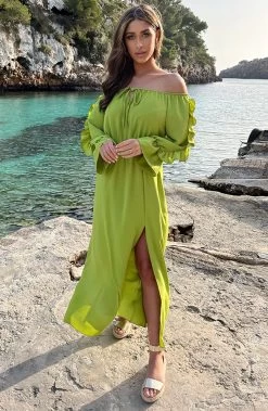 Maxi Off Shoulder Ruffle Jurk Olive 11 Maxi Off Shoulder Ruffle Jurk Olive -Kleding Promotie Winkel Midi Off Shoulder Ruffle Jurk Olive 4 586x900 1