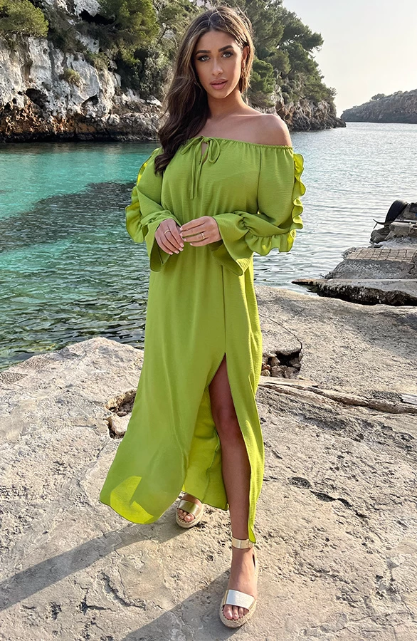 Maxi Off Shoulder Ruffle Jurk Olive 4 Maxi Off Shoulder Ruffle Jurk Olive - Afbeelding 3