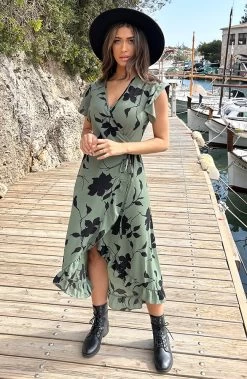 Flower Jurk Midi Army Zwart