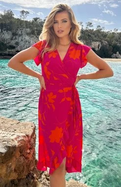 Musthave Deal Midi Jurken Met Print -Kleding Promotie Winkel Midi Overslag Jurk Flower Roze Oranje 13 586x900 1