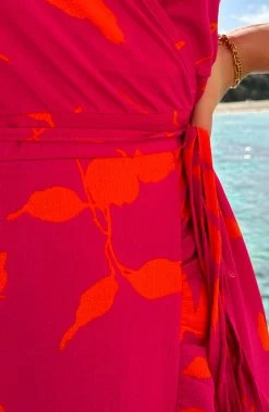 Flower Jurk Midi Roze Oranje -Kleding Promotie Winkel Midi Overslag Jurk Flower Roze Oranje close 586x900 1