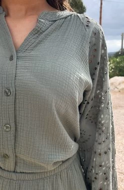 Mousseline Blouse Embroidery Army -Kleding Promotie Winkel Mousseline Embroidery Co ord Army 1 586x900 1