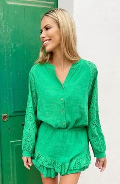 Mousseline Blouse Embroidery Bright Green -Kleding Promotie Winkel Mousseline Embroidery Co ord Bright Green 1 586x900 4