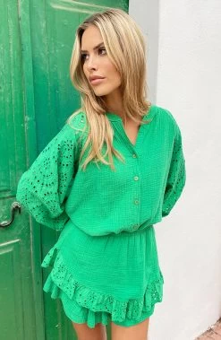 Mousseline Blouse Embroidery Bright Green