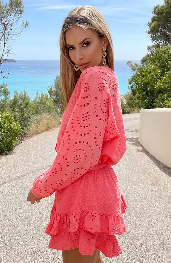 Mousseline Embroidery Co-ord Koraal 5 Mousseline Embroidery Co-ord Koraal - Afbeelding 3