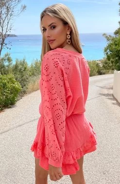 Mousseline Blouse Embroidery Koraal -Kleding Promotie Winkel Mousseline Embroidery Co ord Koraal 4 586x900 1