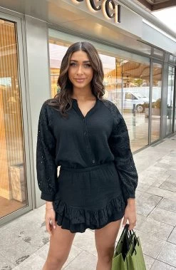 Mousseline Skort Embroidery Zwart -Kleding Promotie Winkel Mousseline Embroidery Co ord Zwart 7 586x900 3