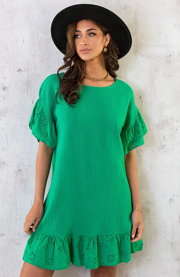 Mousseline Embroidery Oversized Jurk Bright Green 5 Mousseline Embroidery Oversized Jurk Bright Green - Afbeelding 3