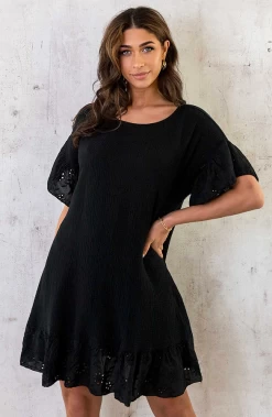 Mousseline Embroidery Oversized Jurk Zwart