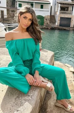 Mousseline Off-Shoulder Top Green -Kleding Promotie Winkel Mousseline Pants Green 1 586x900 1
