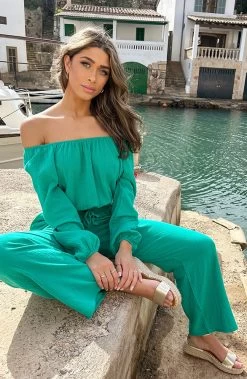 Mousseline Off-Shoulder Top Green -Kleding Promotie Winkel Mousseline Pants Green 2 586x900 1