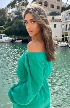 Mousseline Off-Shoulder Top Green -Kleding Promotie Winkel Mousseline Pants Green 6 586x900 1