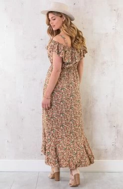 Off Shoulder Maxi Jurk Bloemen Beige -Kleding Promotie Winkel Off Shouder Maxi Jurk Bloemen beige 5 586x900 1