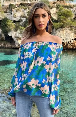 Off Shoulder Blouse Tropical Kobalt -Kleding Promotie Winkel Off Shoulder Blouse Tropical Kobalt 3 586x900 1