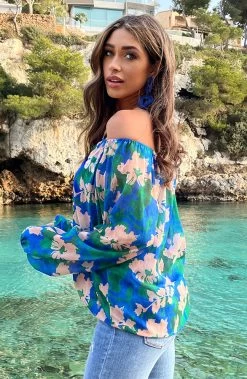 Off Shoulder Blouse Tropical Kobalt