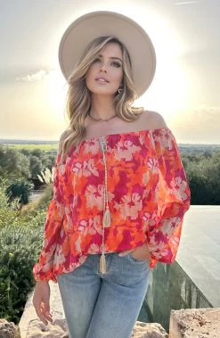 Off Shoulder Blouse Tropical Oranje -Kleding Promotie Winkel Off Shoulder Blouse Tropical Oranje 7 1 586x900 1