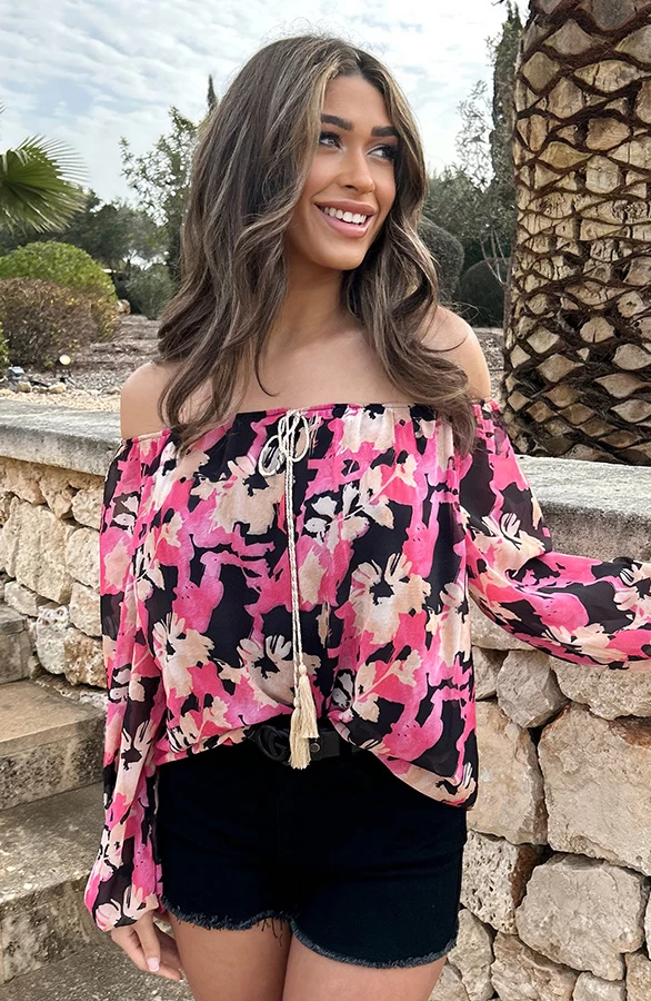 Off Shoulder Blouse Tropical Zwart Fuchsia 6 Off Shoulder Blouse Tropical Zwart Fuchsia - Afbeelding 4