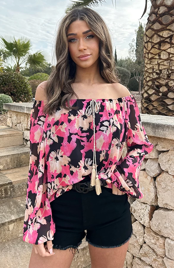 Off Shoulder Blouse Tropical Zwart Fuchsia 4 Off Shoulder Blouse Tropical Zwart Fuchsia - Afbeelding 2