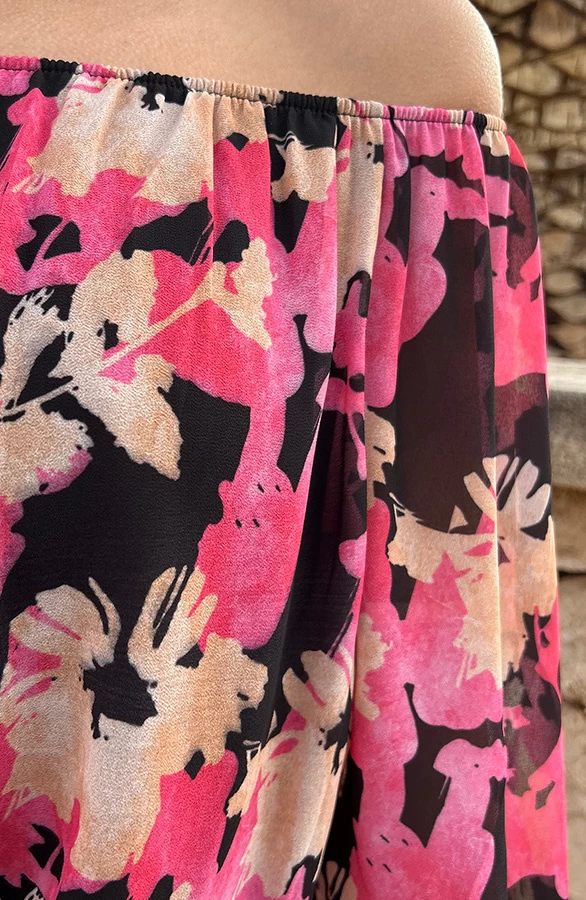 Off Shoulder Blouse Tropical Zwart Fuchsia 9 Off Shoulder Blouse Tropical Zwart Fuchsia - Afbeelding 7