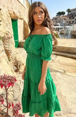 Offshoulder Laagjes Jurk Bright Green -Kleding Promotie Winkel Off Shoulder Laagjes Jurk Bright Green 2 1 586x900 1