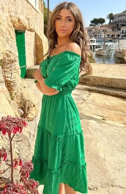 Offshoulder Laagjes Jurk Bright Green