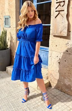 Offshoulder Laagjes Jurk Kobalt -Kleding Promotie Winkel Off Shoulder Laagjes Jurk Kobalt 2 586x900 1