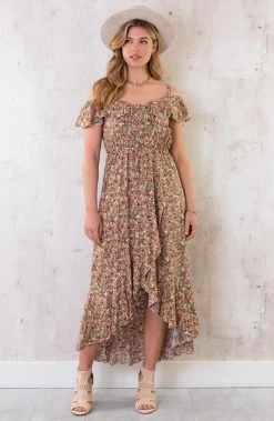Off Shoulder Maxi Jurk Bloemen Beige -Kleding Promotie Winkel Off Shoulder Maxi Jurk Bloemen beige 586x900 1