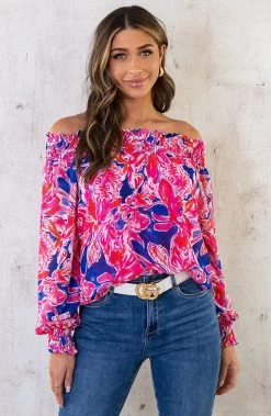 Off Shoulder Top Bloemen Roze Kobalt -Kleding Promotie Winkel Off Shoulder Top Bloemen Roze Kobalt 5 586x900 1