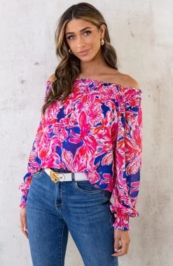 Off Shoulder Top Bloemen Roze Kobalt