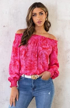 Off Shoulder Top Bloemen Roze Rood
