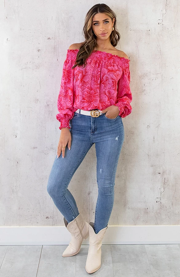 Off Shoulder Top Bloemen Roze Rood 7 Off Shoulder Top Bloemen Roze Rood - Afbeelding 5