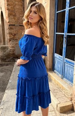 Offshoulder Laagjes Jurk Kobalt -Kleding Promotie Winkel Offshoulder Laagjes Jurk Kobalt 586x900 1
