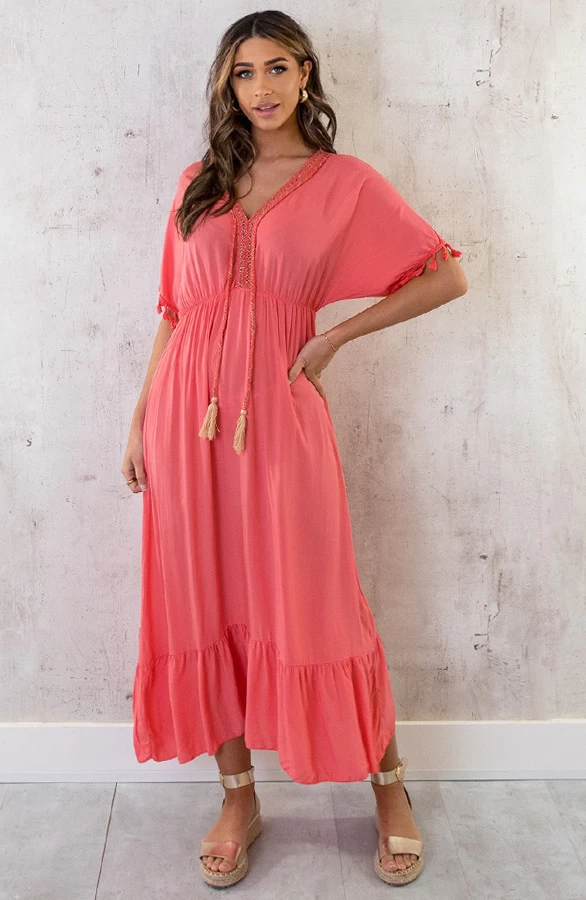 Oversized Jurk Gouden Detail Maxi Koraal 3 Oversized Jurk Gouden Detail Maxi Koraal