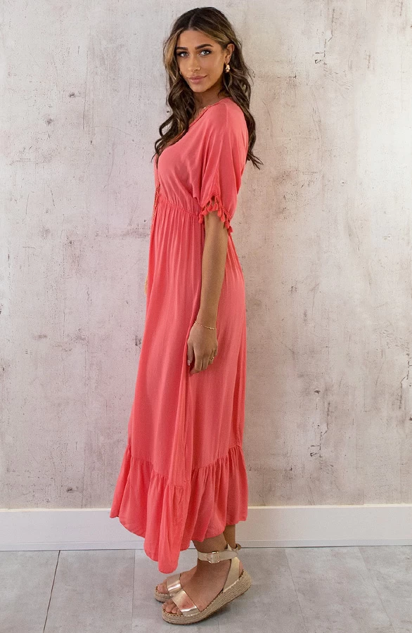 Oversized Jurk Gouden Detail Maxi Koraal 6 Oversized Jurk Gouden Detail Maxi Koraal - Afbeelding 4