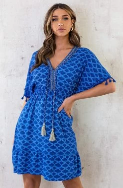 Oversized Jurk Gouden Detail Print Kobalt