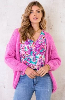 Print Blouse Floral Paars -Kleding Promotie Winkel Oversized Knitted Vest Candy Pink 1 586x900 2