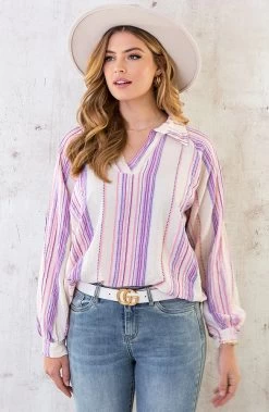 Oversized V-Hals Blouse Aztec Lila Roze -Kleding Promotie Winkel Oversized V Hals Blouse Aztec Lila Roze 3 586x900 1