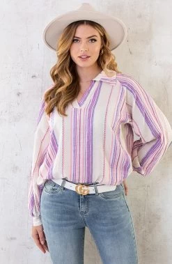 Oversized V-Hals Blouse Aztec Lila Roze -Kleding Promotie Winkel Oversized V Hals Blouse Aztec Lila Roze 4 586x900 1