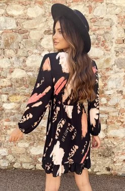 Overslag Print Jurk Zwart Beige -Kleding Promotie Winkel Overslag Print Jurk Zwart Beige 3 586x900 2