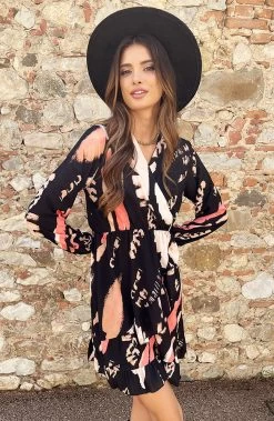 Overslag Print Jurk Zwart Beige -Kleding Promotie Winkel Overslag Print Jurk Zwart Beige 6 586x900 2