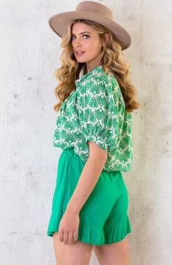 Katoenen Pofmouw Blouse Leaves Beige Groen -Kleding Promotie Winkel Overslag Skort Bright Green 3 1 586x900 1