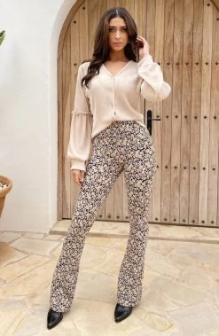 Plisse Blouse Met Ruches Mouw Beige